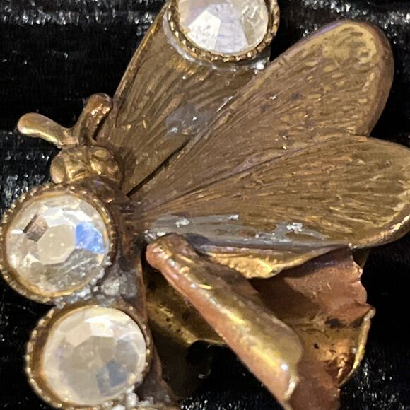 VTG Made In Italy Mixed Metal Brass Copper Rhinestone Butterfly Clip On Earrings - Picture 6 of 14